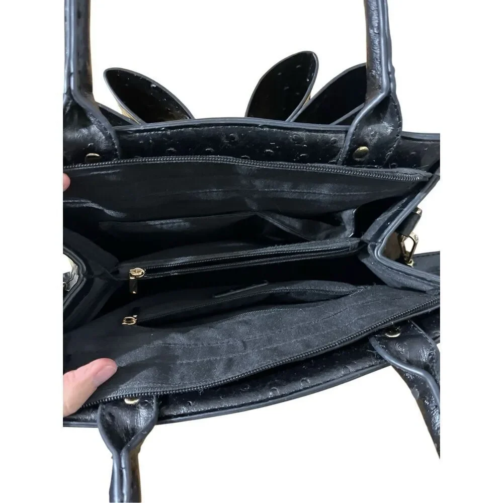 Grossi Faux Ostrich Vegan Leather Satchel: Elegant Black Double Bow